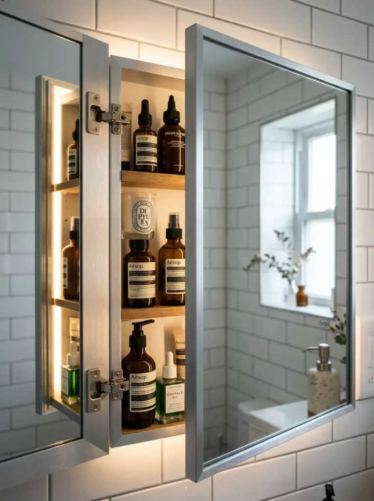 Bathroom mirror cabinet with side storage open for beauty and skincare products.