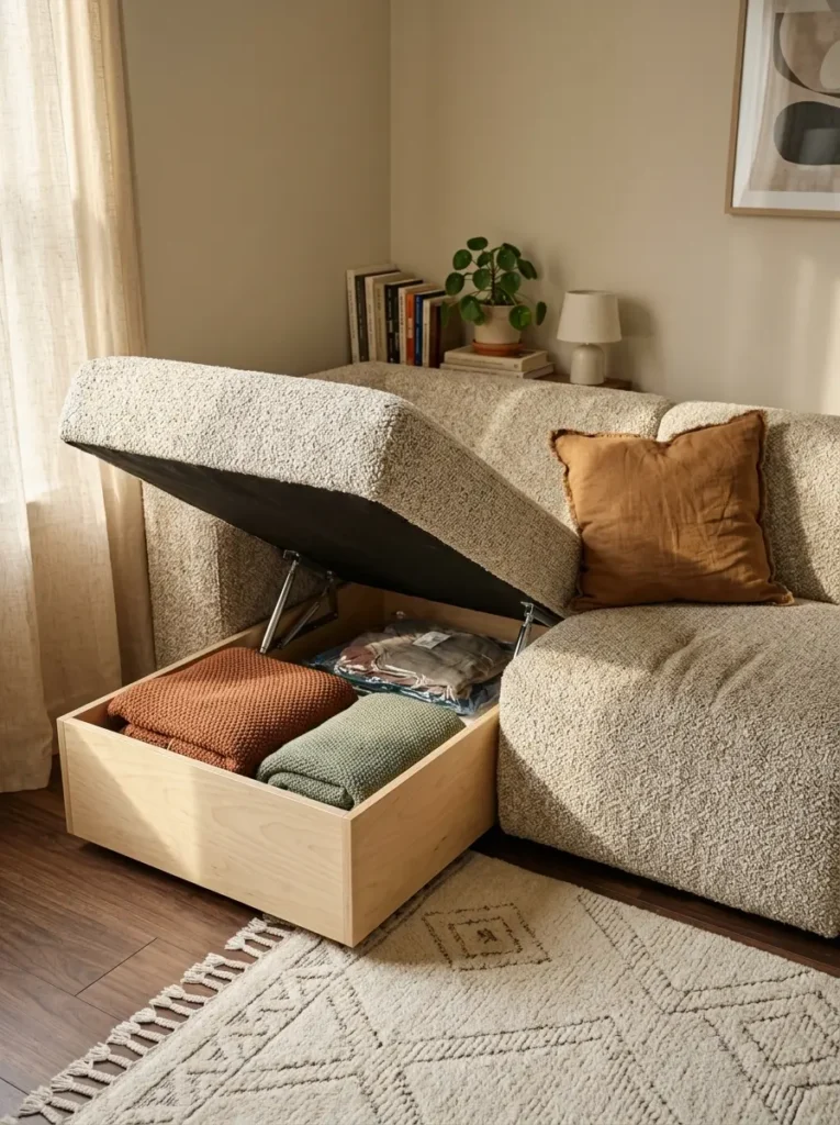 Modular Storage Sofa in Cream Boucle Fabric A cream boucle modular sofa with one seat lifted to reveal a hidden storage chest inside showing smart space saving furniture 2026.