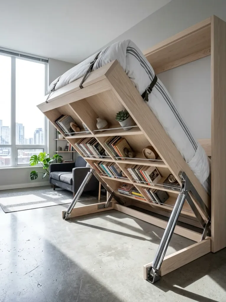 Modern hydraulic Murphy bed halfway lowered revealing built in ash wood bookshelves underneath.