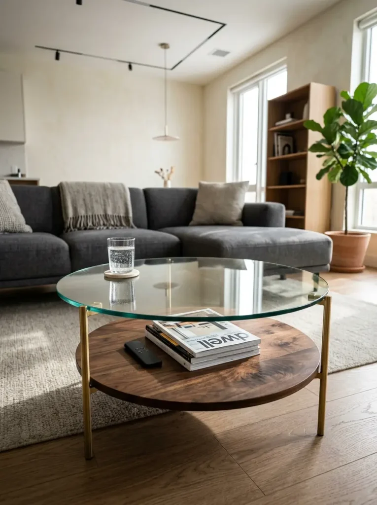 Nesting Glass and Walnut Coffee Tables A glass coffee table nesting over a smaller walnut wood table on a cream rug representing functional space saving furniture 2026.