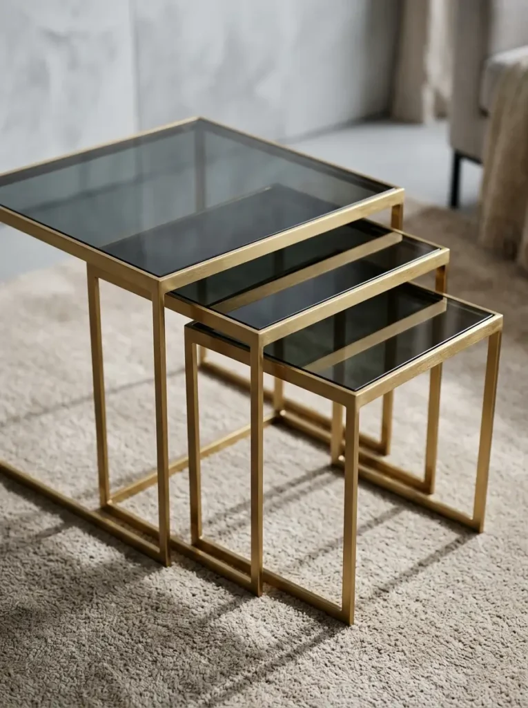 Set of three metal nesting tables arranged on a neutral living room rug.