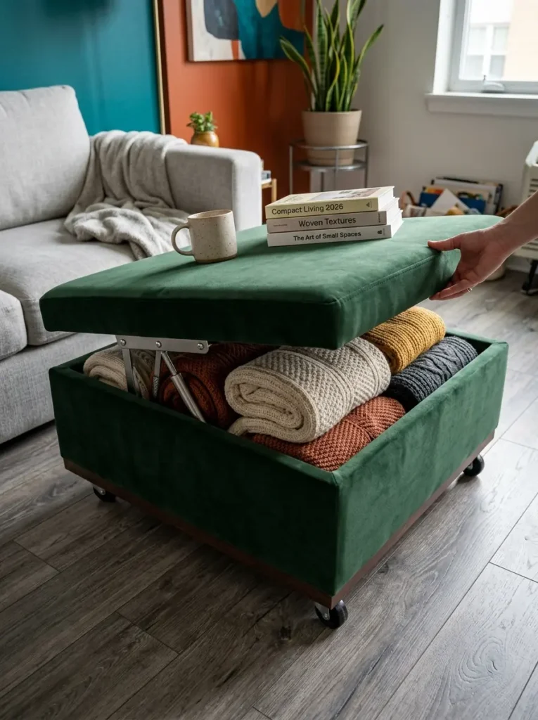 Green Velvet Storage Ottoman for Small Spaces Green velvet multifunctional storage ottoman opened slightly to reveal folded blankets inside.