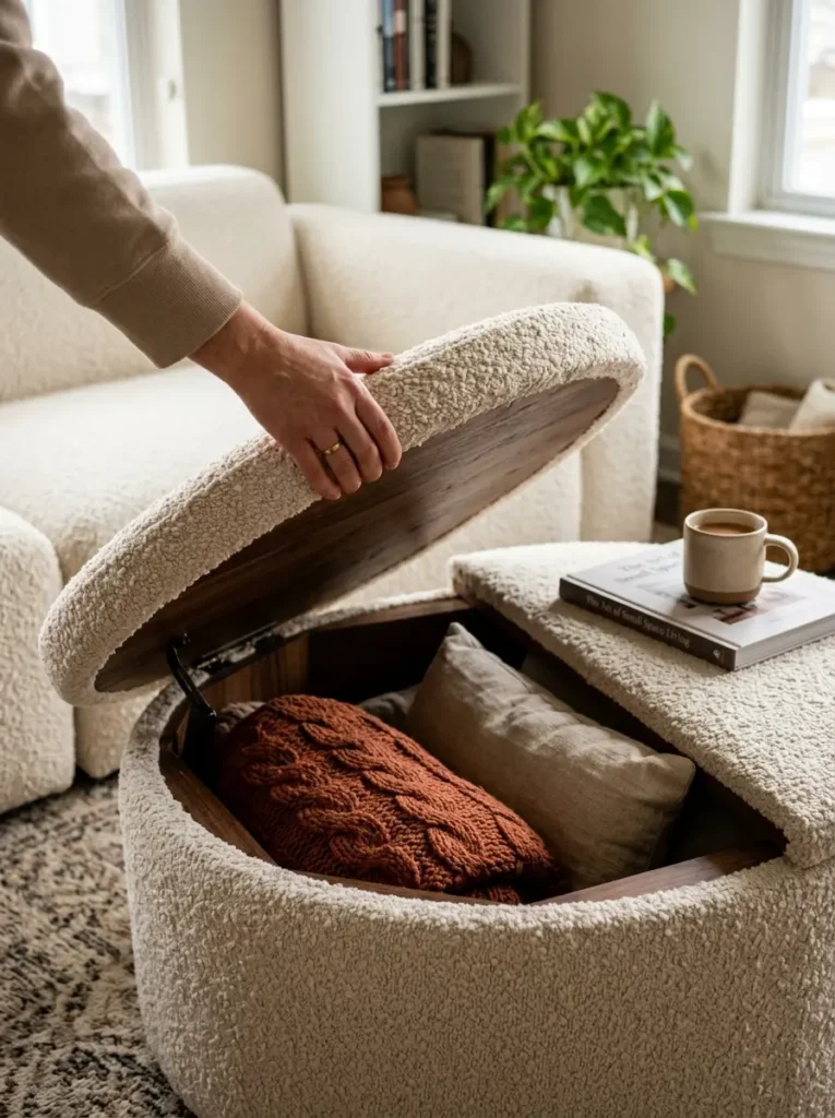 Multi Functional Storage Ottoman Living Room Hand opening a boucle storage ottoman revealing a terracotta blanket inside for comfortable living room storage.