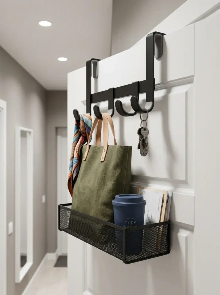 Aesthetic Matte Black Over-the-Door Organizer Matte black metal over-the-door organizer holding a tote bag, scarf, and a lower mesh mail basket.