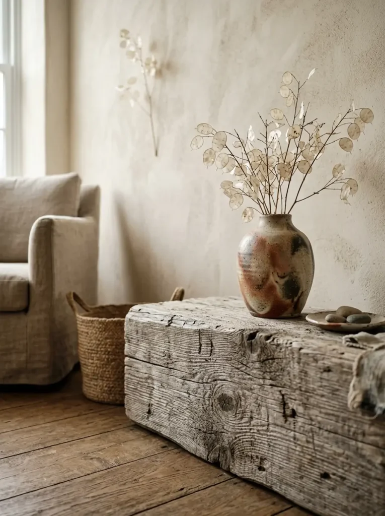 Wabi Sabi Natural Wood Decor Accents Reclaimed wood side table featuring a wabi sabi ceramic vase against a textured plaster wall.