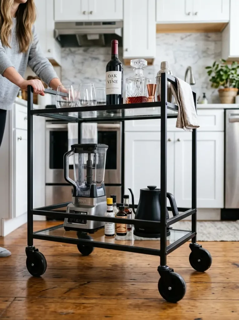Black rolling bar cart with kitchen supplies on a hardwood floor.
