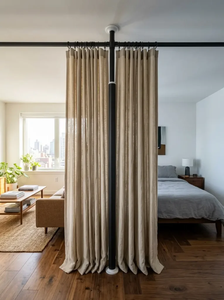 Tension Rod Room Divider with Linen Curtains A black metal tension rod room divider holding linen curtains to separate a studio apartment space a top apartment decor find for small rentals.