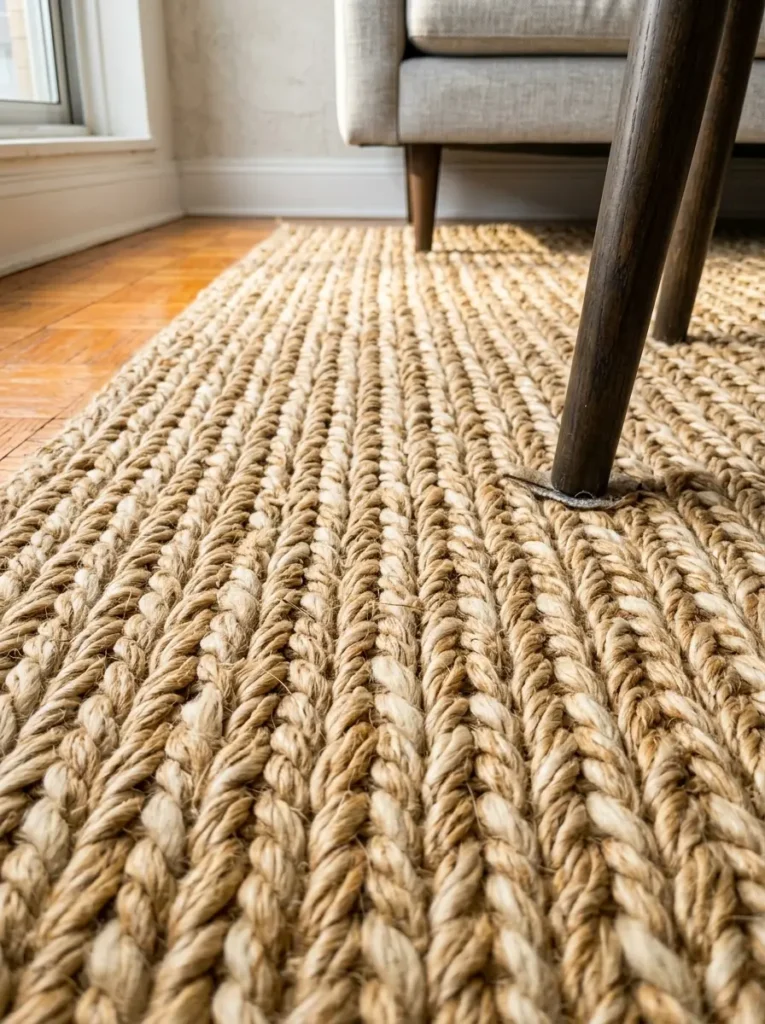 Warm Minimalist Chunky Jute Area Rug A large chunky jute and wool blend area rug placed under a dark wood sofa anchoring warm minimalist apartment decor.