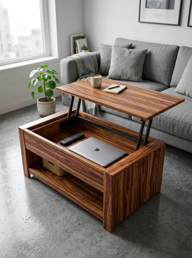 Solid Sheesham wood lift top coffee table raised to an ergonomic height in a gray living room.