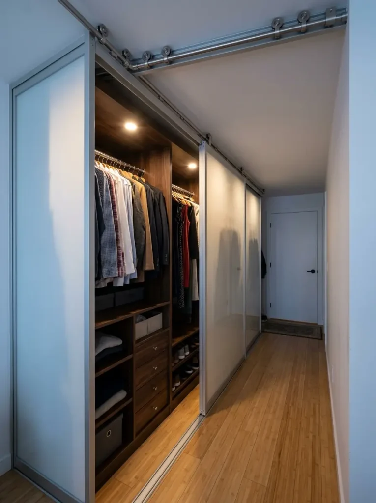 White frosted glass sliding door wardrobe partially open showing a dark walnut interior in a narrow bedroom.