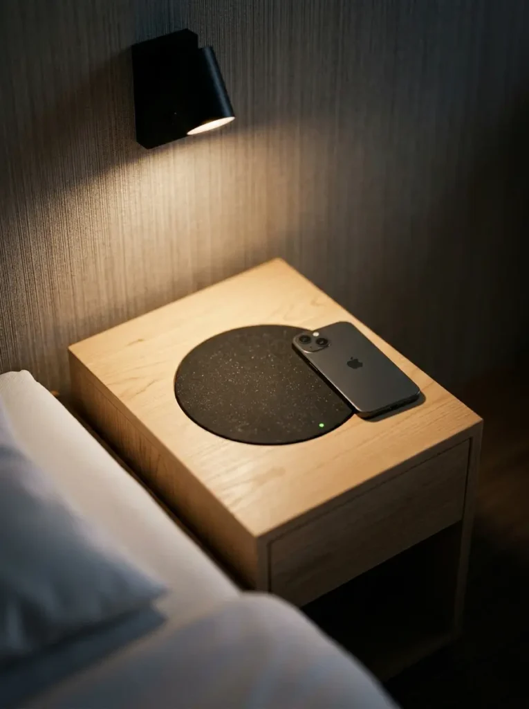 Light birch wood bedside table with a smartphone charging on a built in wireless pad next to a white bed.