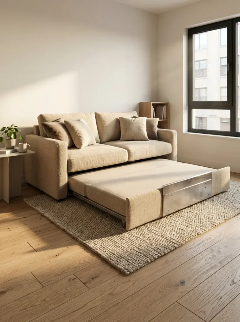 Modern oatmeal linen sofa cum bed partially unfolded in a bright apartment living room.