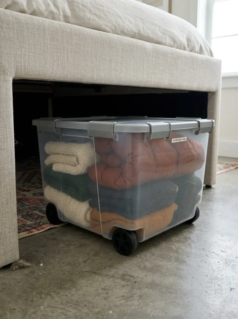 Wheeled Under-Bed Storage Box for Bulky Clothes Translucent grey under-bed storage box with caster wheels pulled partially out from beneath a bed.