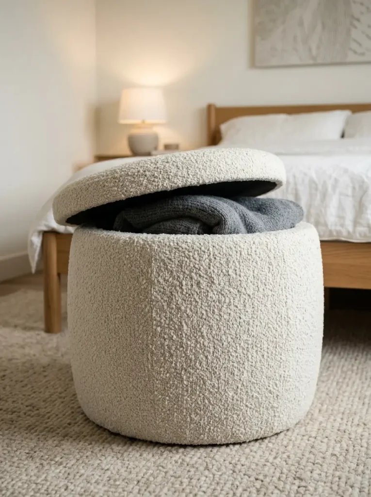 Round cream boucle storage ottoman with lid off showing blanket storage.