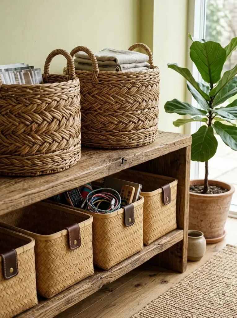 Eco-Friendly Woven Bamboo Storage Baskets Woven bamboo and rattan storage baskets sitting on a reclaimed timber shelf next to a plant.