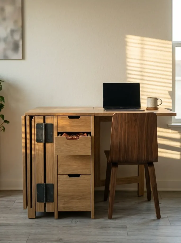 Space Saving White Oak Drop Leaf Dining Table A modern white oak drop leaf dining table set up as a small workspace in a compact apartment featuring space saving furniture 2026 trends.