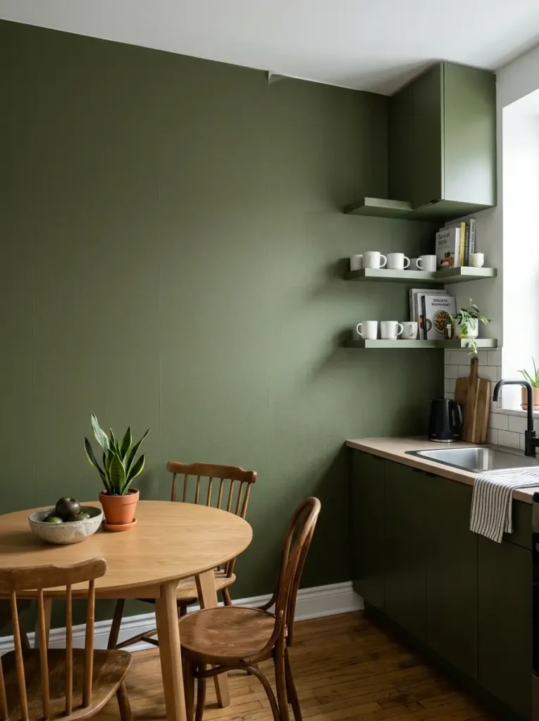 Renter Friendly Deep Olive Peel and Stick Wallpaper Deep olive green peel and stick wallpaper applied to a studio kitchen wall and cabinets demonstrating smart renter friendly decorating ideas.
