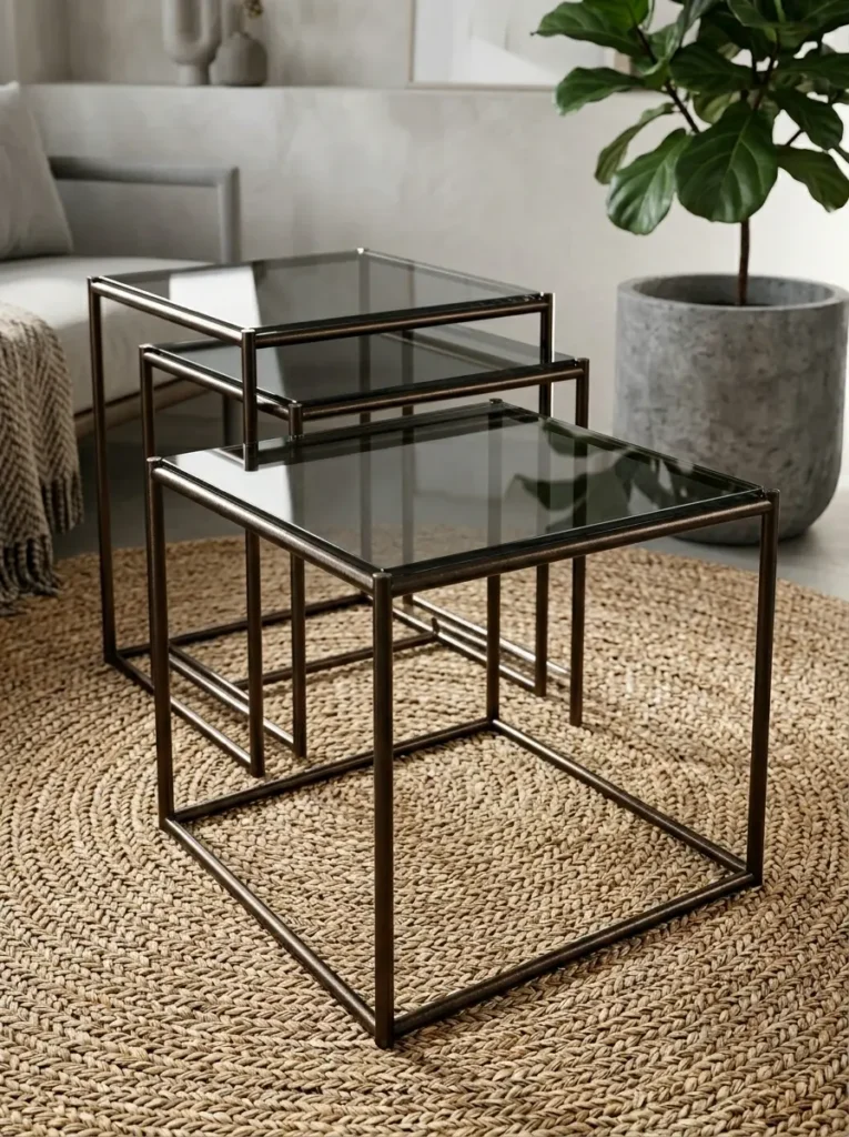 Three bronze and smoked glass nesting side tables partially stacked on a textured living room rug.