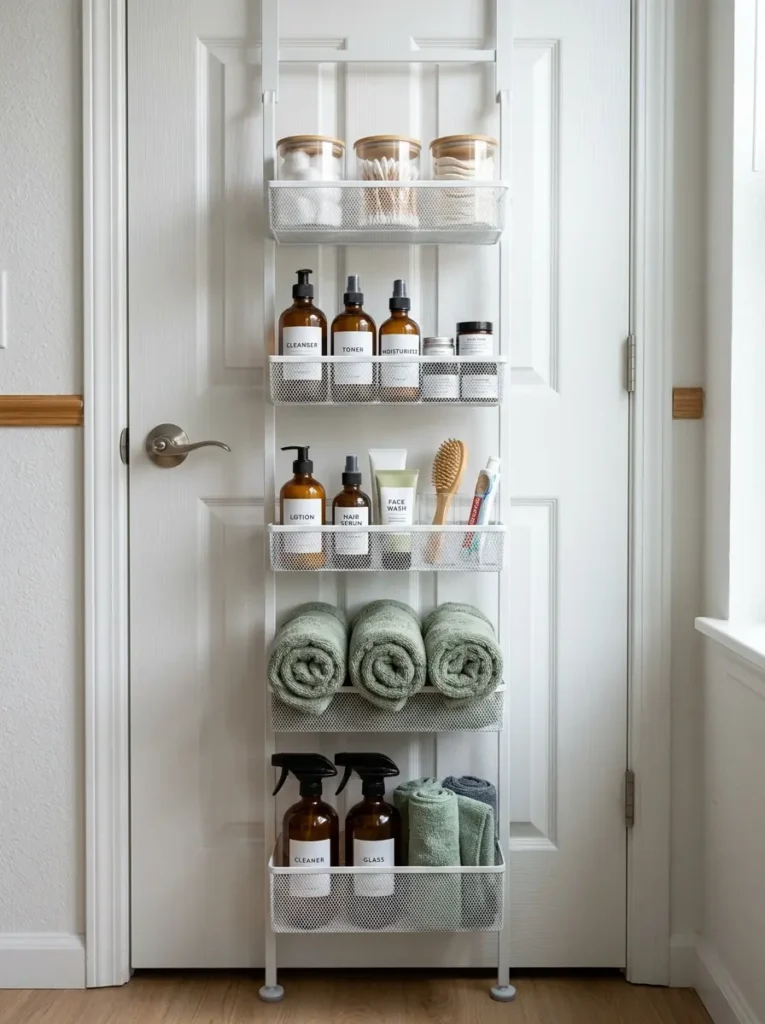 Over the Door Storage Rack Organizer A white metal over the door organizing rack holding acrylic canisters and amber glass bottles showing effective renter friendly decorating ideas.