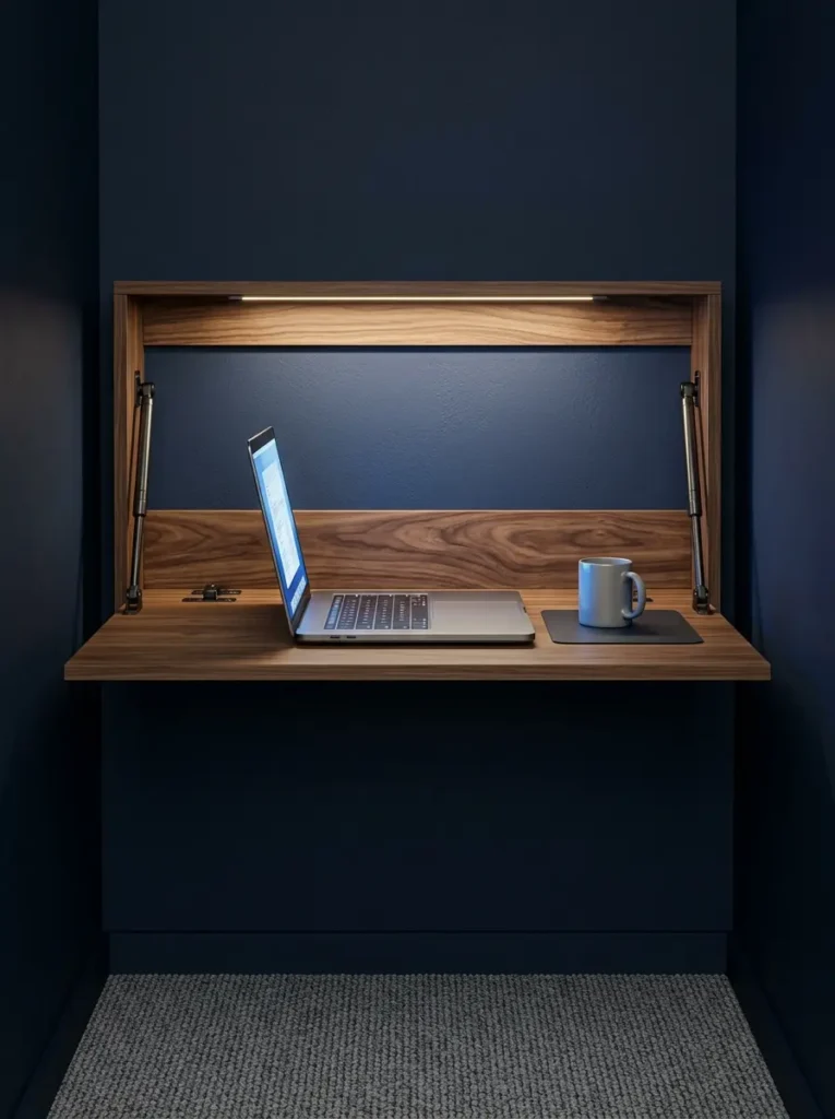 Wall mounted drop down desk in walnut wood holding a laptop against a navy blue wall.