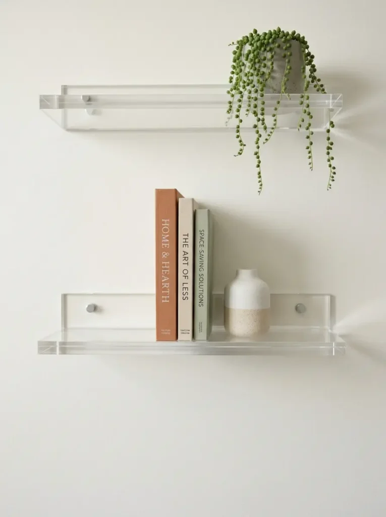 Renter Friendly Floating Acrylic Wall Shelves Clear floating acrylic wall shelves holding small books and a ceramic vase displaying brilliant renter friendly decorating ideas.