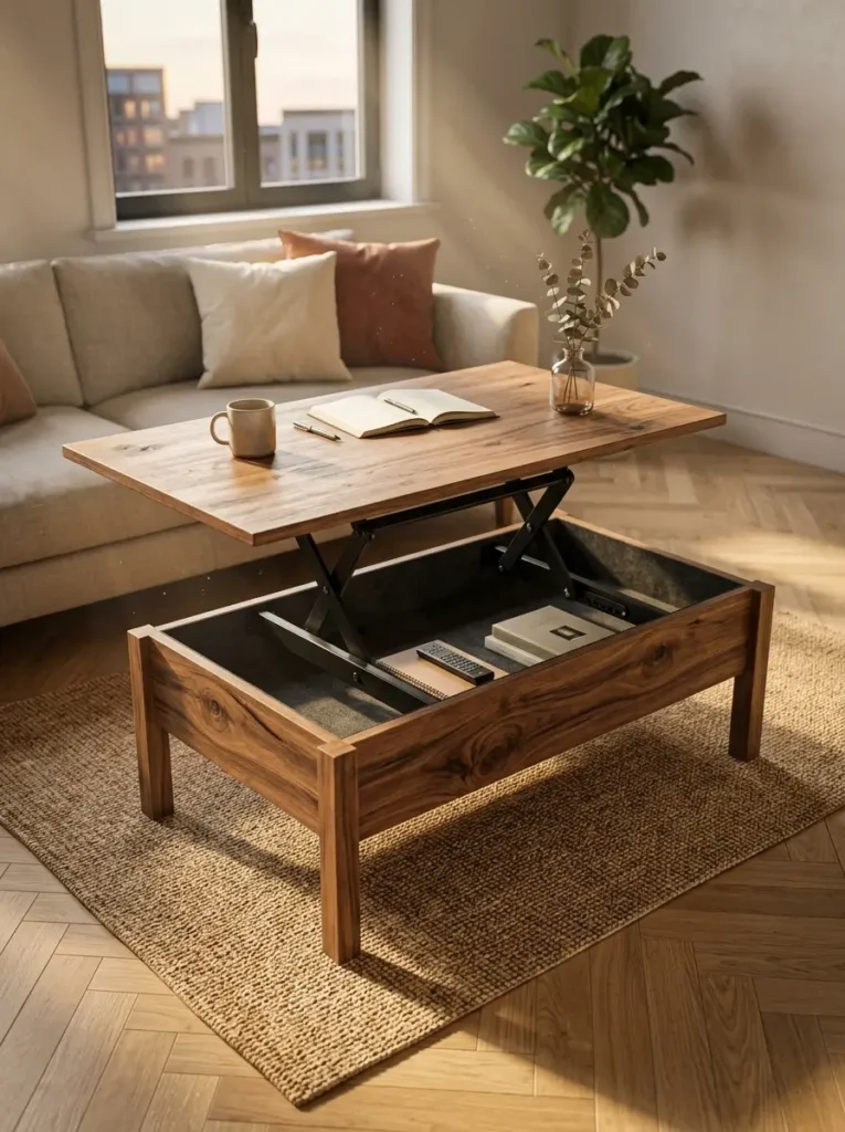 Walnut lift-top coffee table with hidden storage open in a small apartment living room.