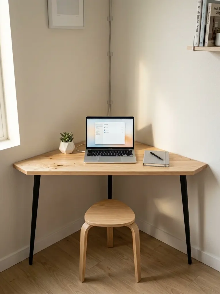 Corner Triangular Desk for Small Rental Apartments A light ash wood corner triangular desk with a laptop and small stool an essential apartment decor find for small rentals.