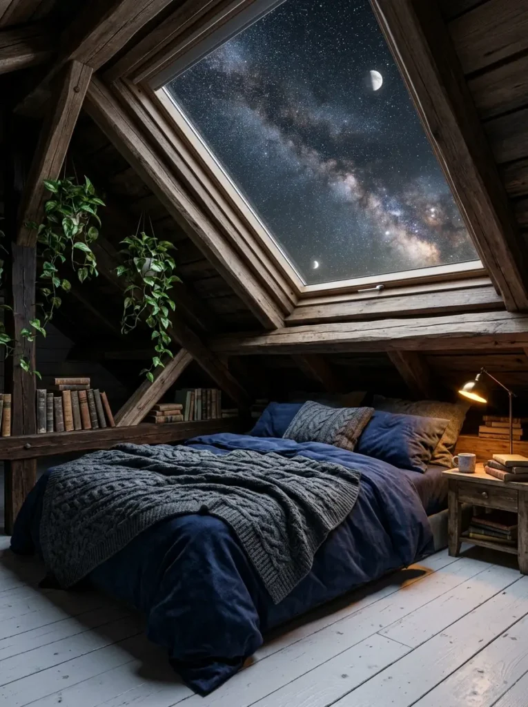 Cozy attic bedroom with star view skylight