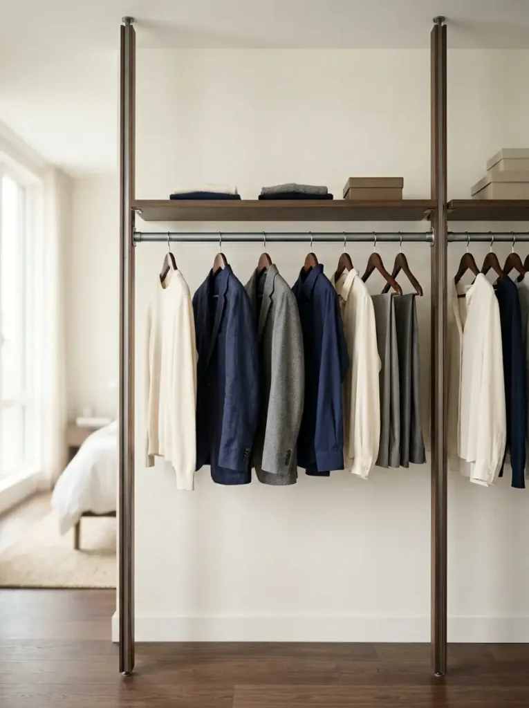 Floor-to-ceiling open wardrobe with wooden shelving and hanging clothes.