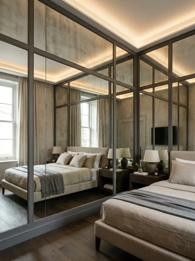 Large mirrored bedroom wall panels with dark grids reflecting a beige bed