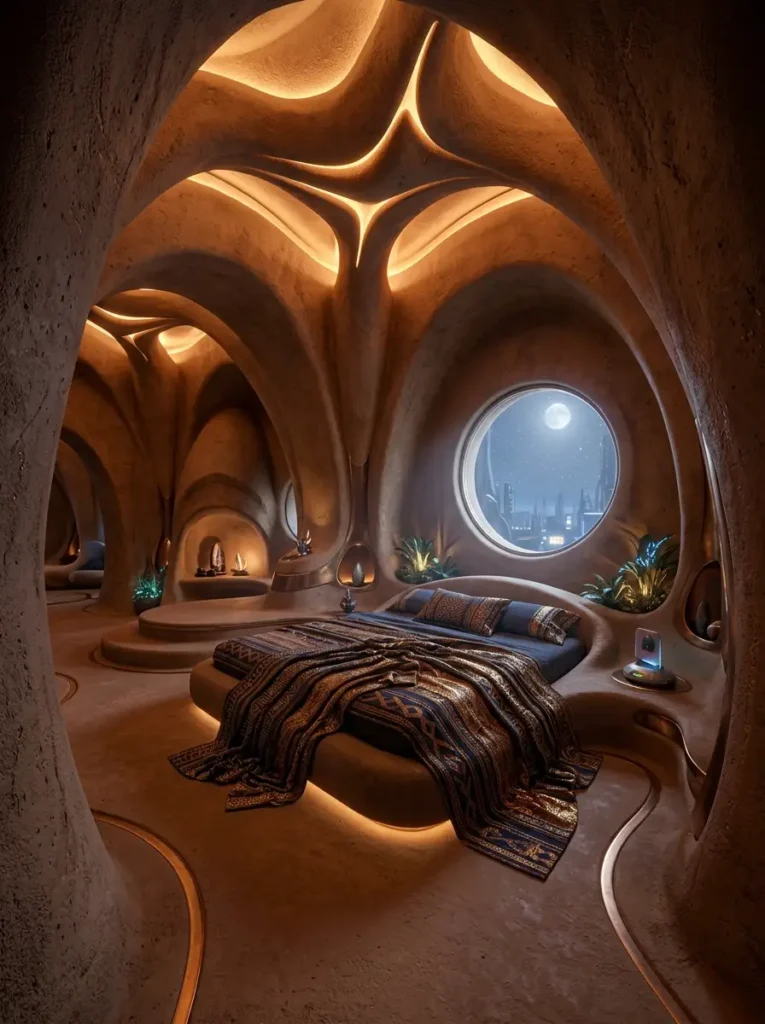 Sculpted clay bedroom with glowing recessed lighting and a round window showing a night sky.