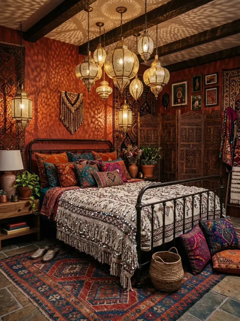 Bohemian bedroom with lanterns and textiles