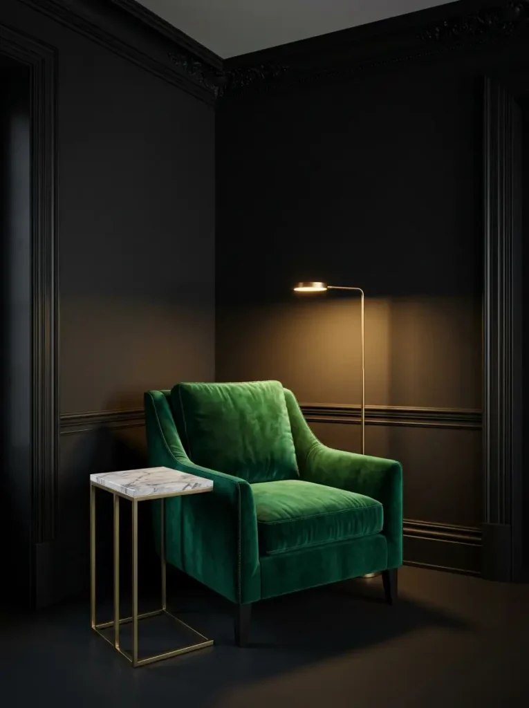 Dark moody bedroom with emerald velvet chair