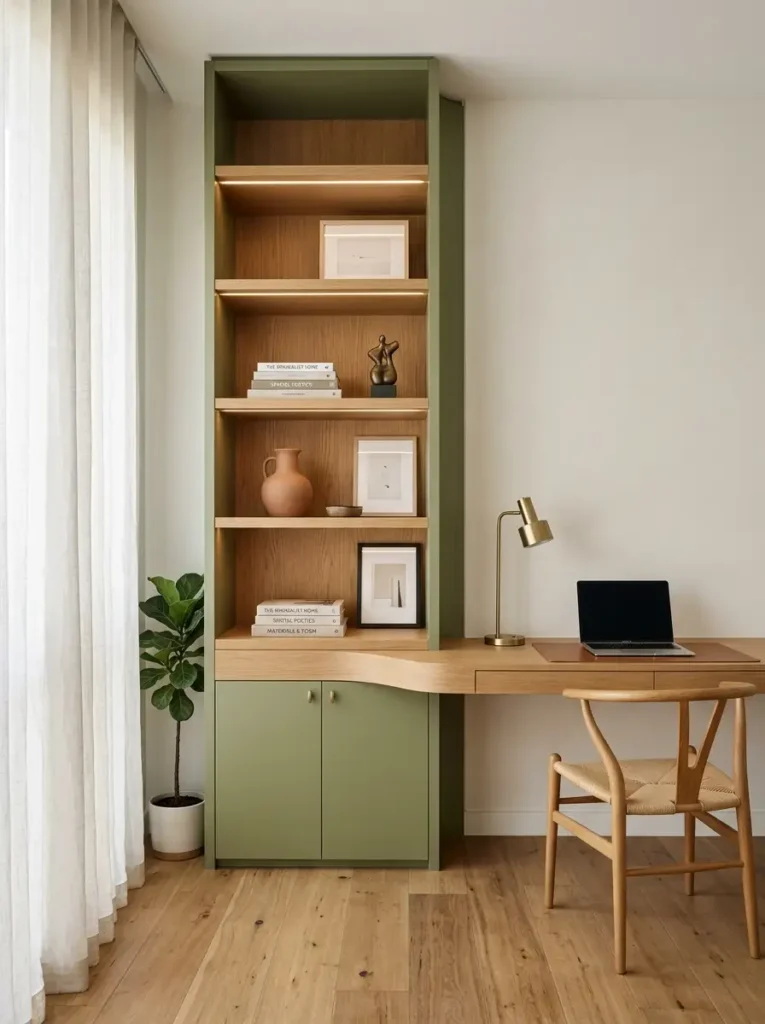 Corner desks integrated into bookshelves maximize corners.