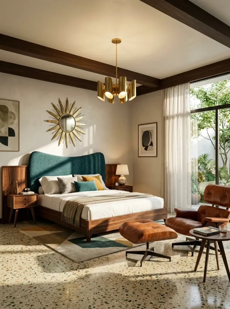 Walnut bed with a curved teal headboard and leather lounge chair on terrazzo