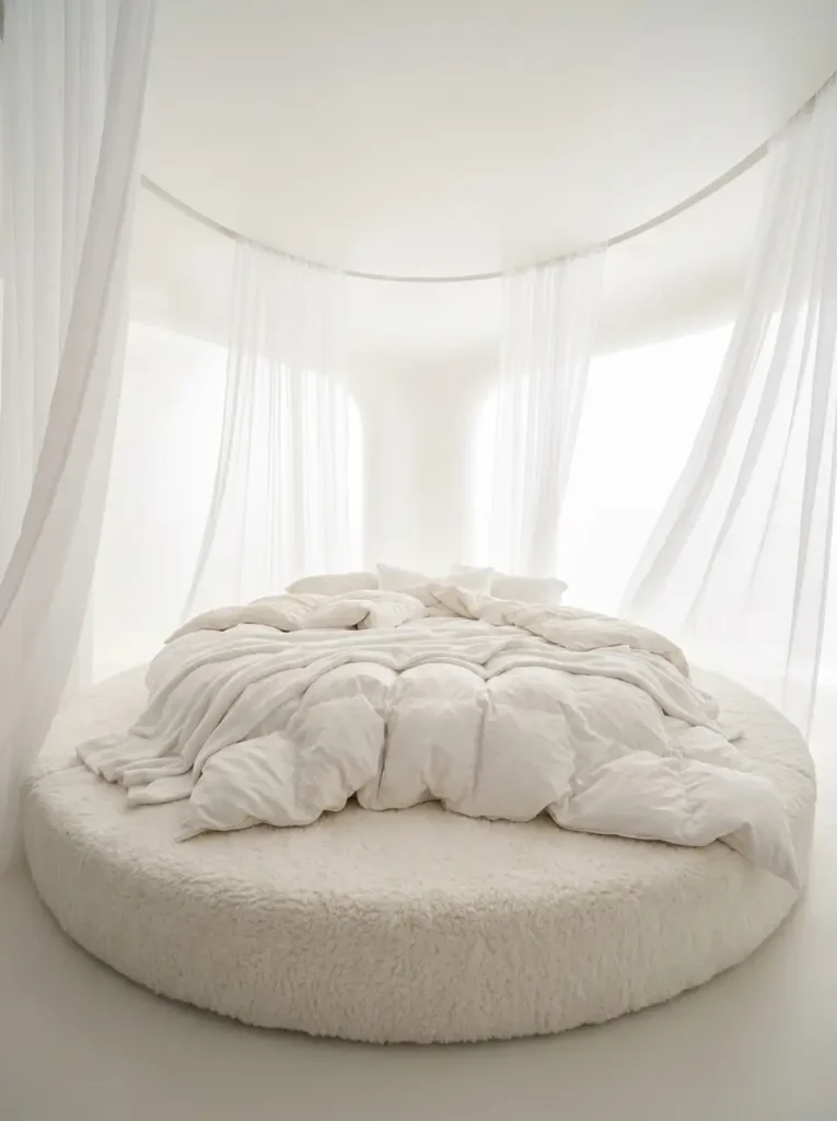 Round white bed covered in fluffy duvets surrounded by sheer circular curtains.