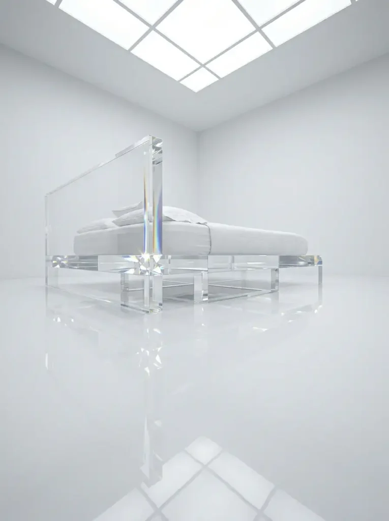 Transparent acrylic bed frame in all-white room