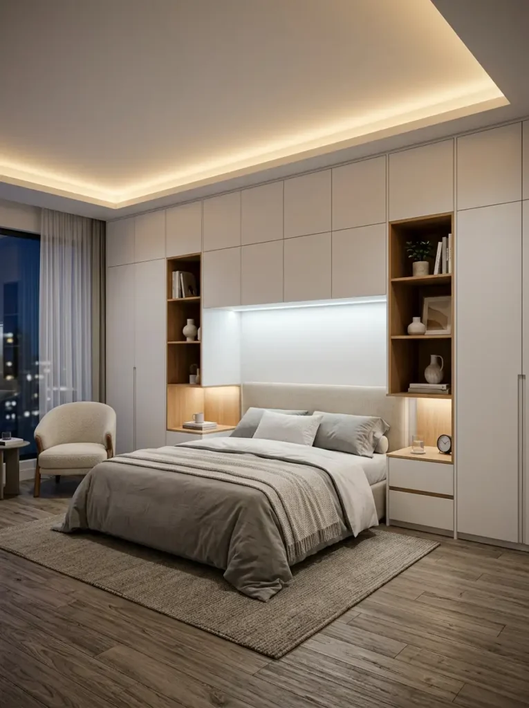 White cabinetry framing a bed with open wooden storage niches.
