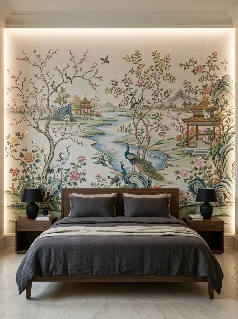 Intricate botanical and peacock mural painted on a wall behind a low bed