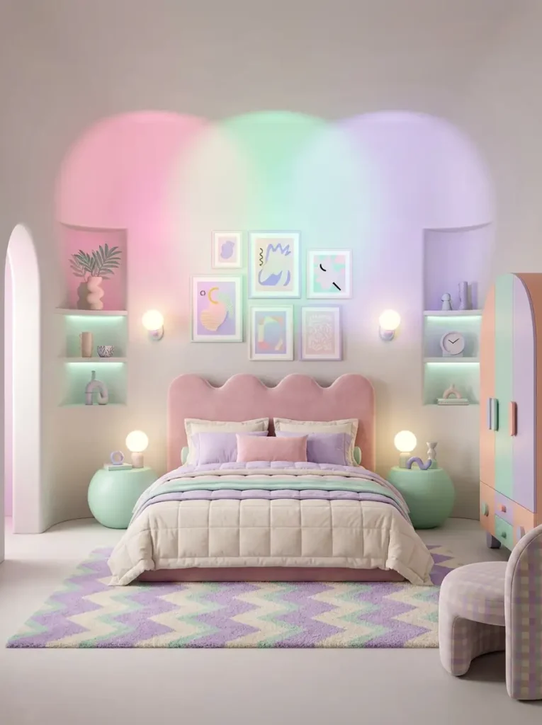 Pastel bedroom with arched walls mint green nightstands and a scalloped pink headboard under rainbow lighting.