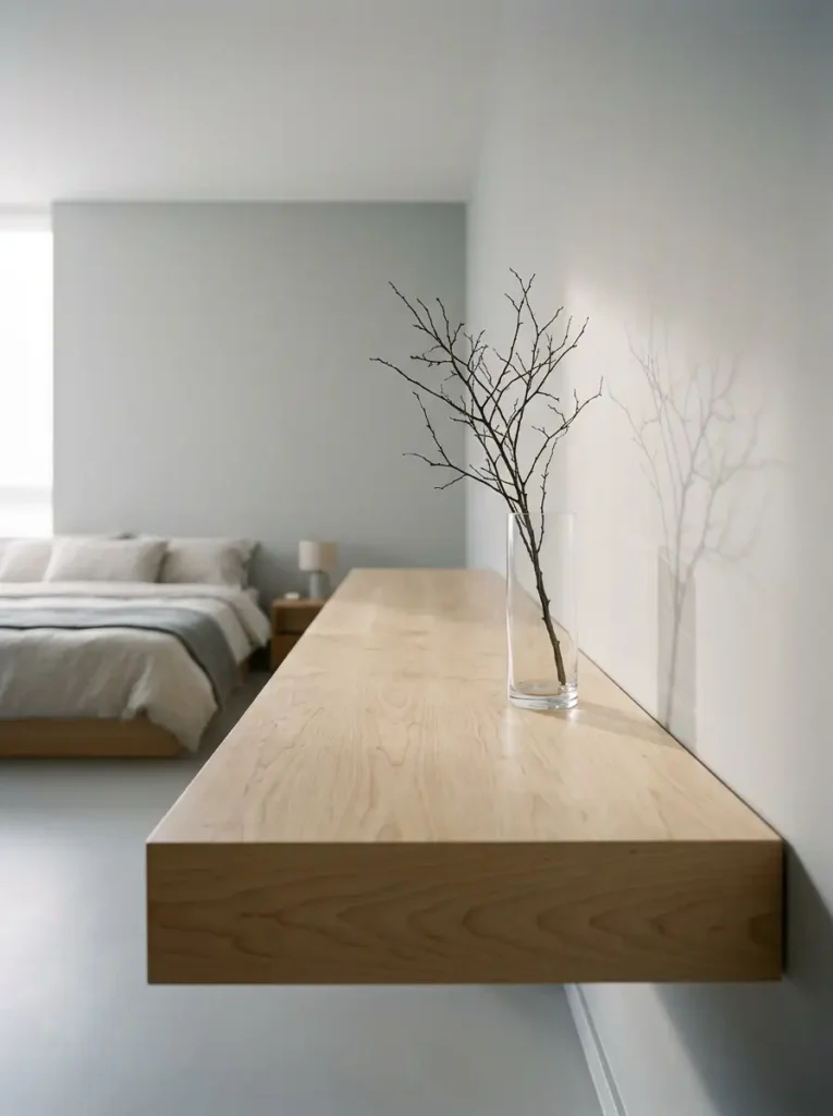 Wooden ledge with branches in glass vase