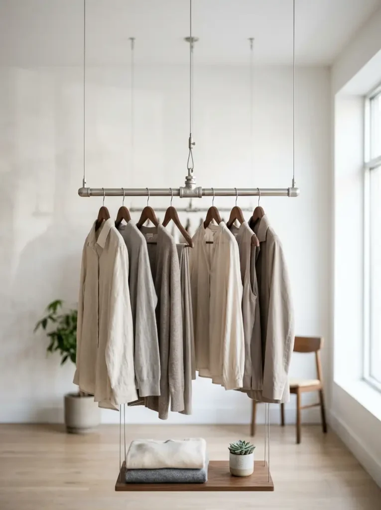 Metal clothing rail suspended from the ceiling above a low shelf.