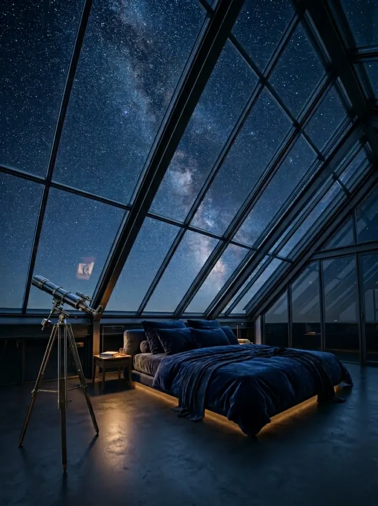 Dark bedroom with a massive slanted glass roof showing the starry night sky and a telescope.