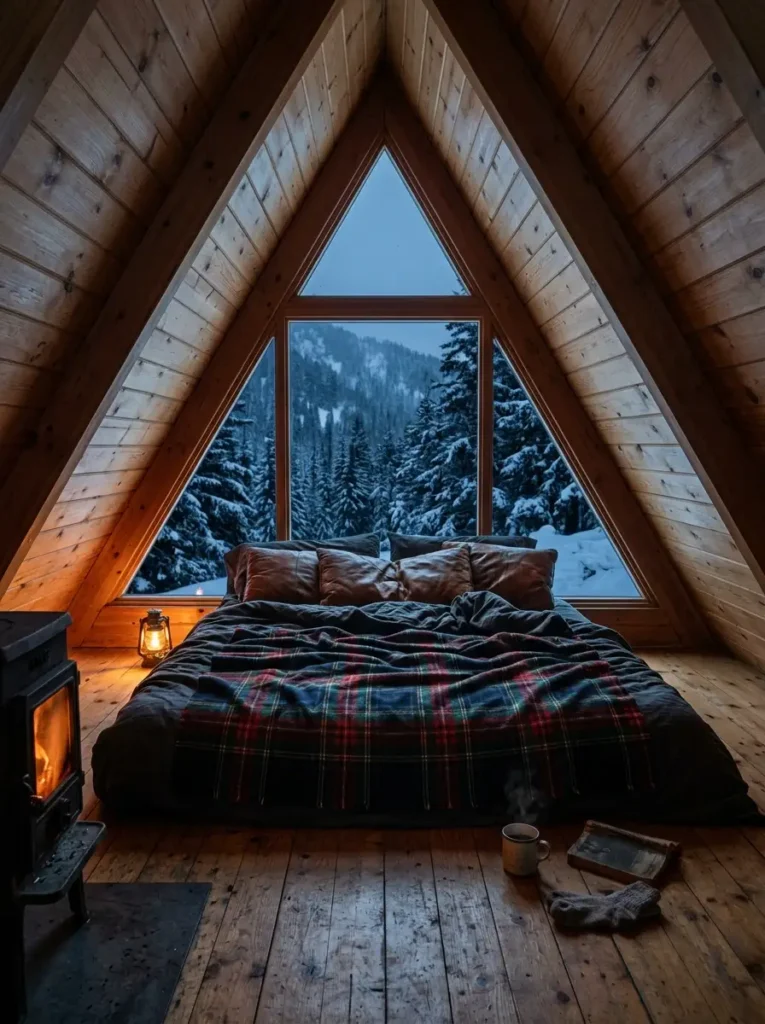 Cabin bedroom with snowy view