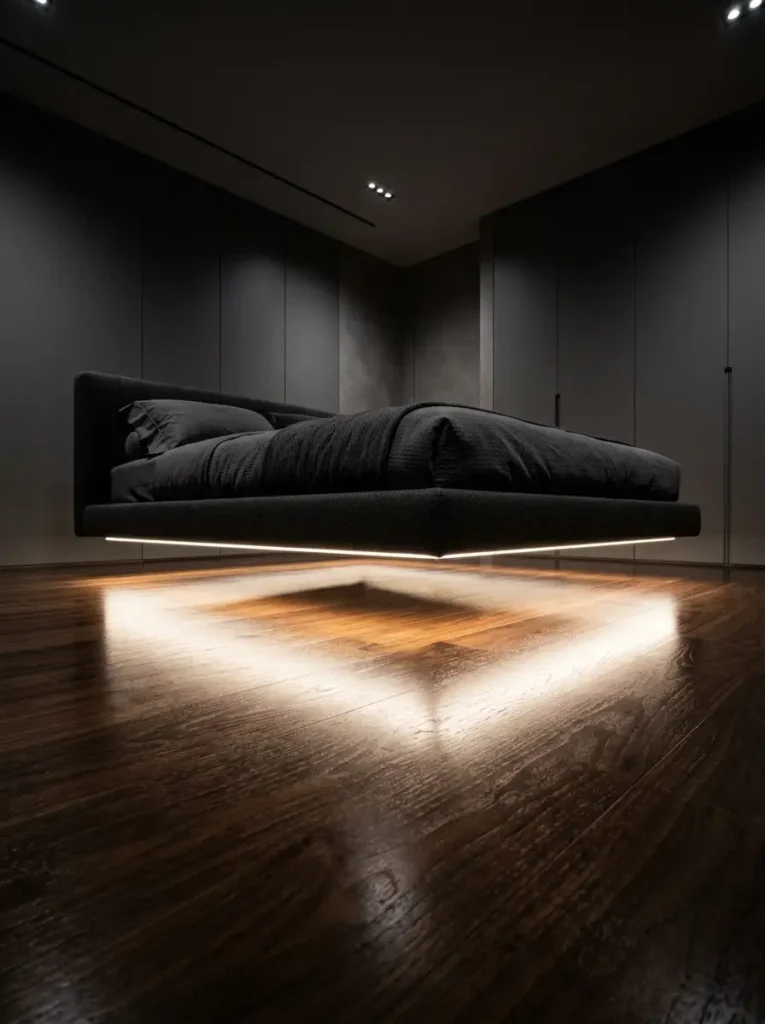 Floating dark bed frame with underlighting