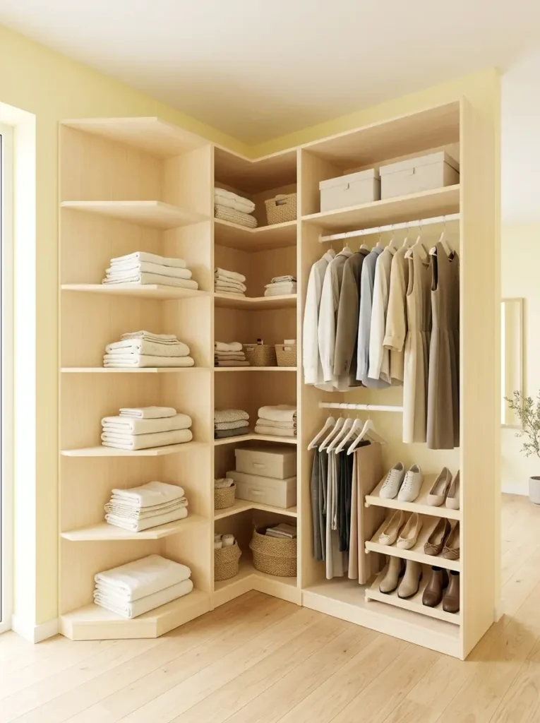 L-shaped light wood shelving unit with hanging and folding storage.