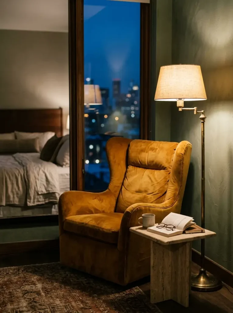 Mustard yellow velvet wingback chair next to a window showing a twilight city