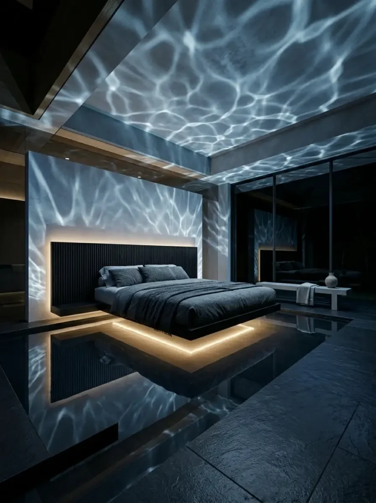 Modern dark bedroom floating above a reflective pool with rippling water light patterns projected onto the ceiling.