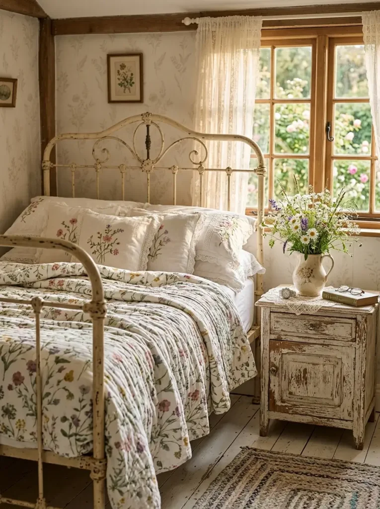 Vintage bedroom with iron bed and flowers