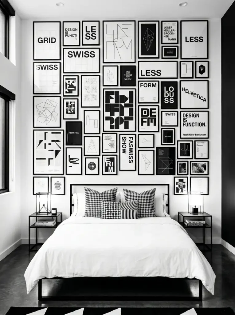 Gallery wall with black and white typographic prints